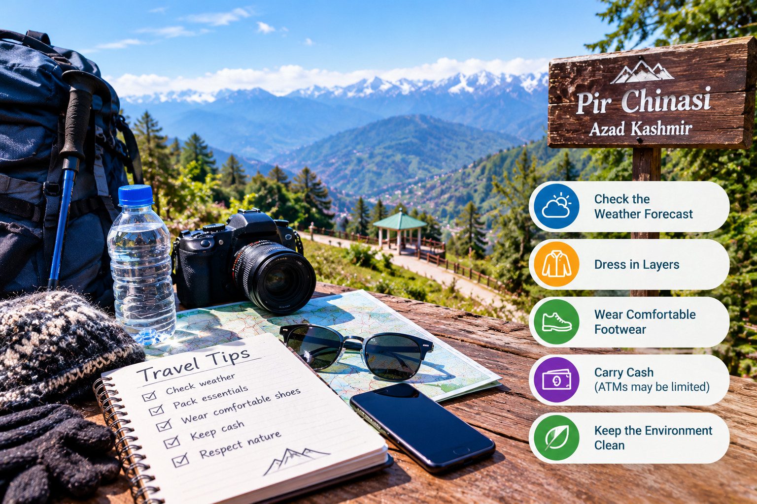 Travel essentials, weather checklist, and mountain scenery for a safe and enjoyable trip.
