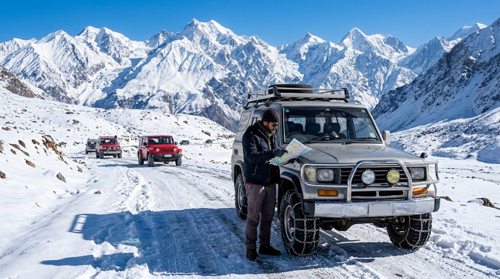Winter travel essentials including a warm jacket, hiking boots, gloves, and a backpack for exploring mountain destinations.
