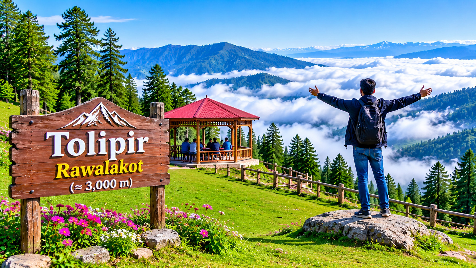Tolipir mountain viewpoint in Rawalakot, Azad Kashmir, featuring green meadows, pine forests, and breathtaking mountain views above the clouds.