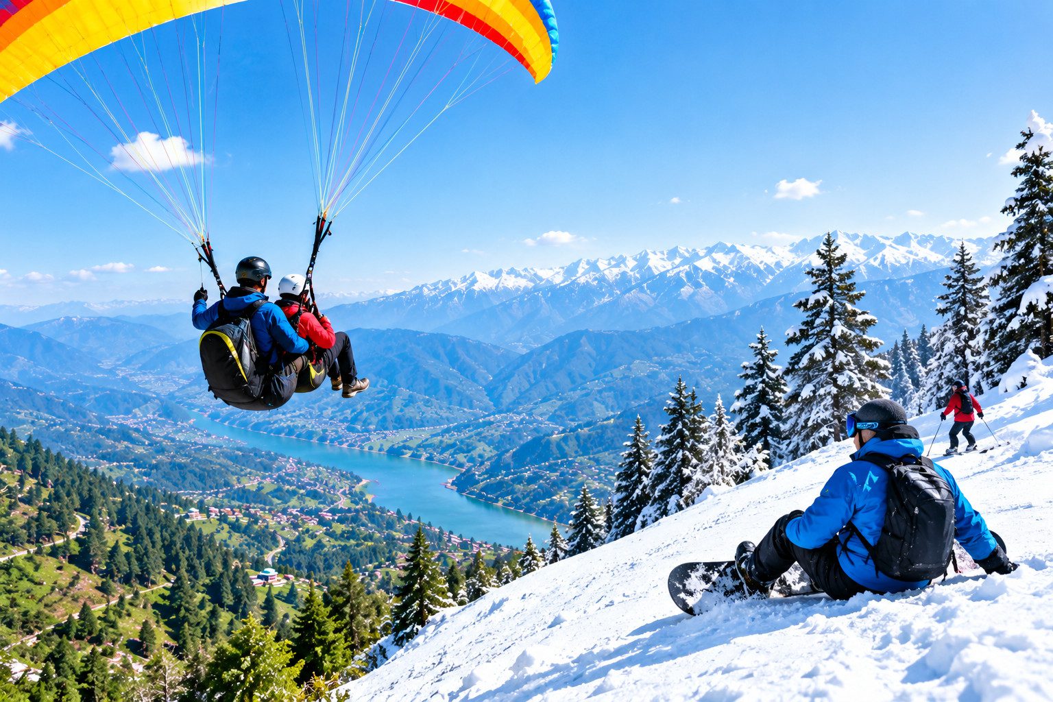 Paragliders soaring above a mountain valley with snowboarding and snowy slopes in the background.