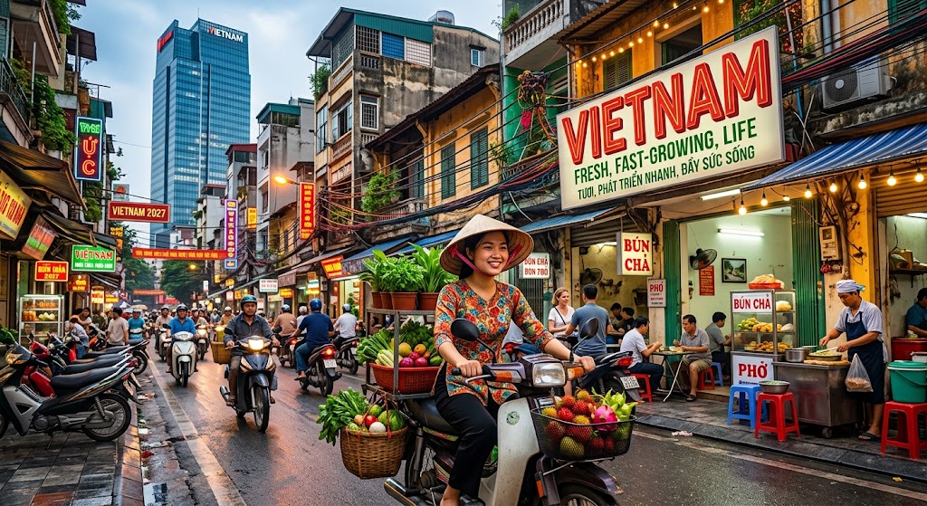 Vietnam travel scene featuring vibrant street markets, traditional pho noodle soup, bustling motorbike streets, and scenic Vietnamese landscapes.