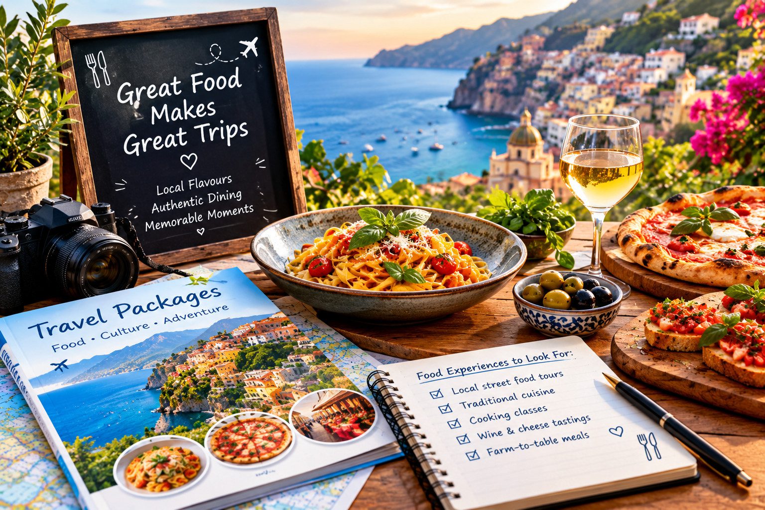 Local Italian dishes, fresh pasta, pizza, and a coastal village view with a travel guide and food experience checklist.