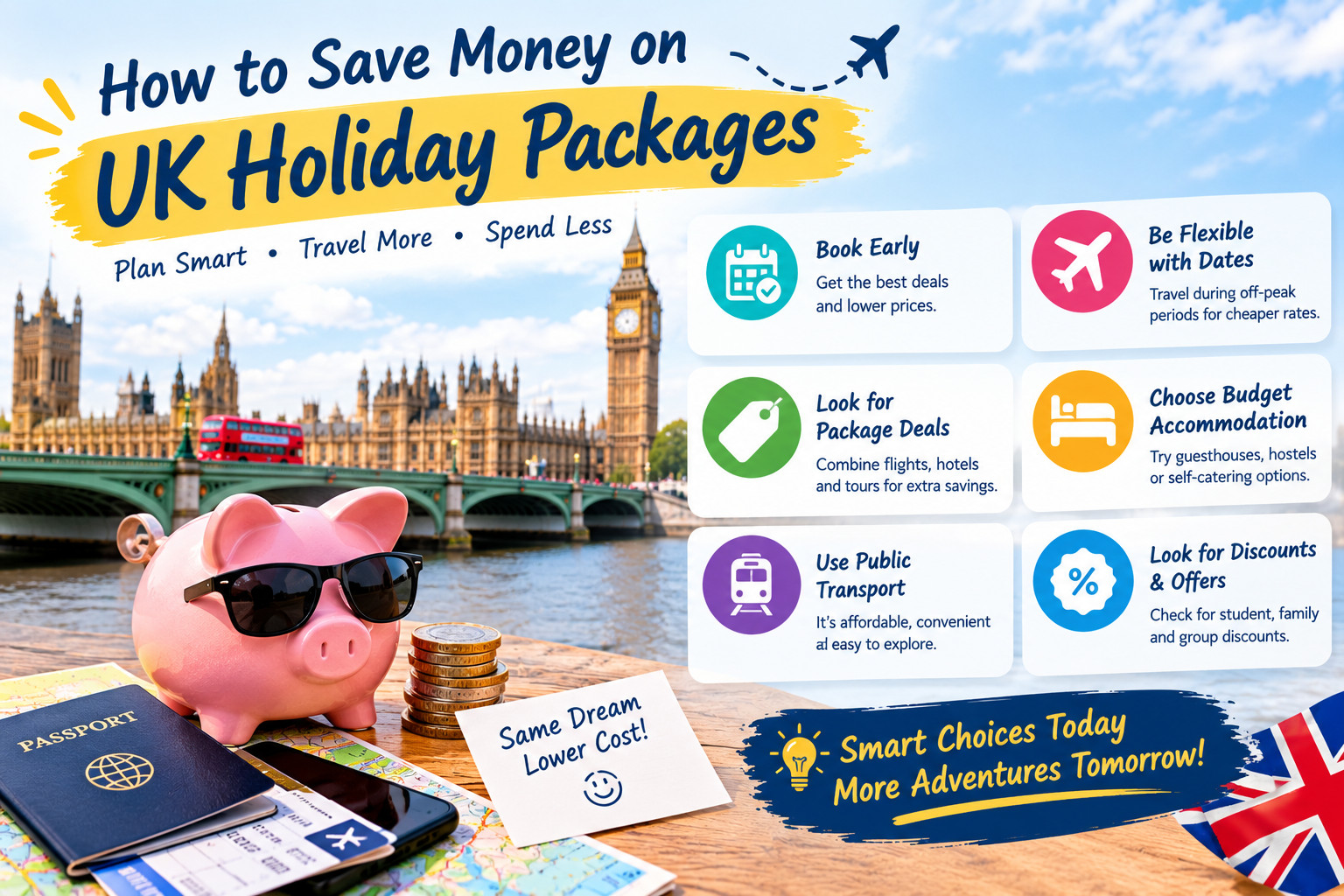 Money-saving travel tips featuring a piggy bank, passport, and London landmarks, with advice on early booking, off-peak travel, budget accommodation, package deals, and discounts.