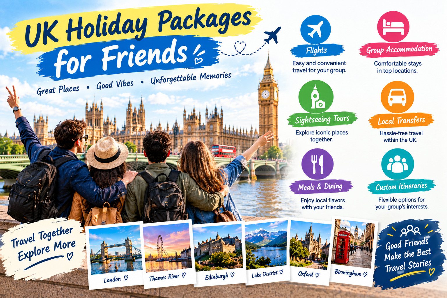 A group of friends sightseeing near Big Ben in London, with travel highlights including Edinburgh Castle, the Lake District, Oxford, and group holiday activities.
