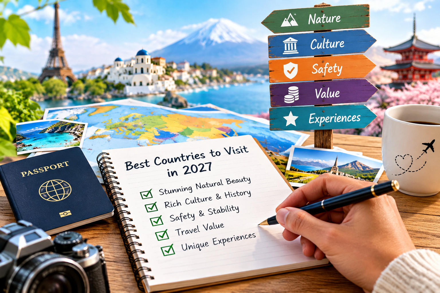 Travel planning notebook showing criteria for selecting the best countries to visit in 2027.