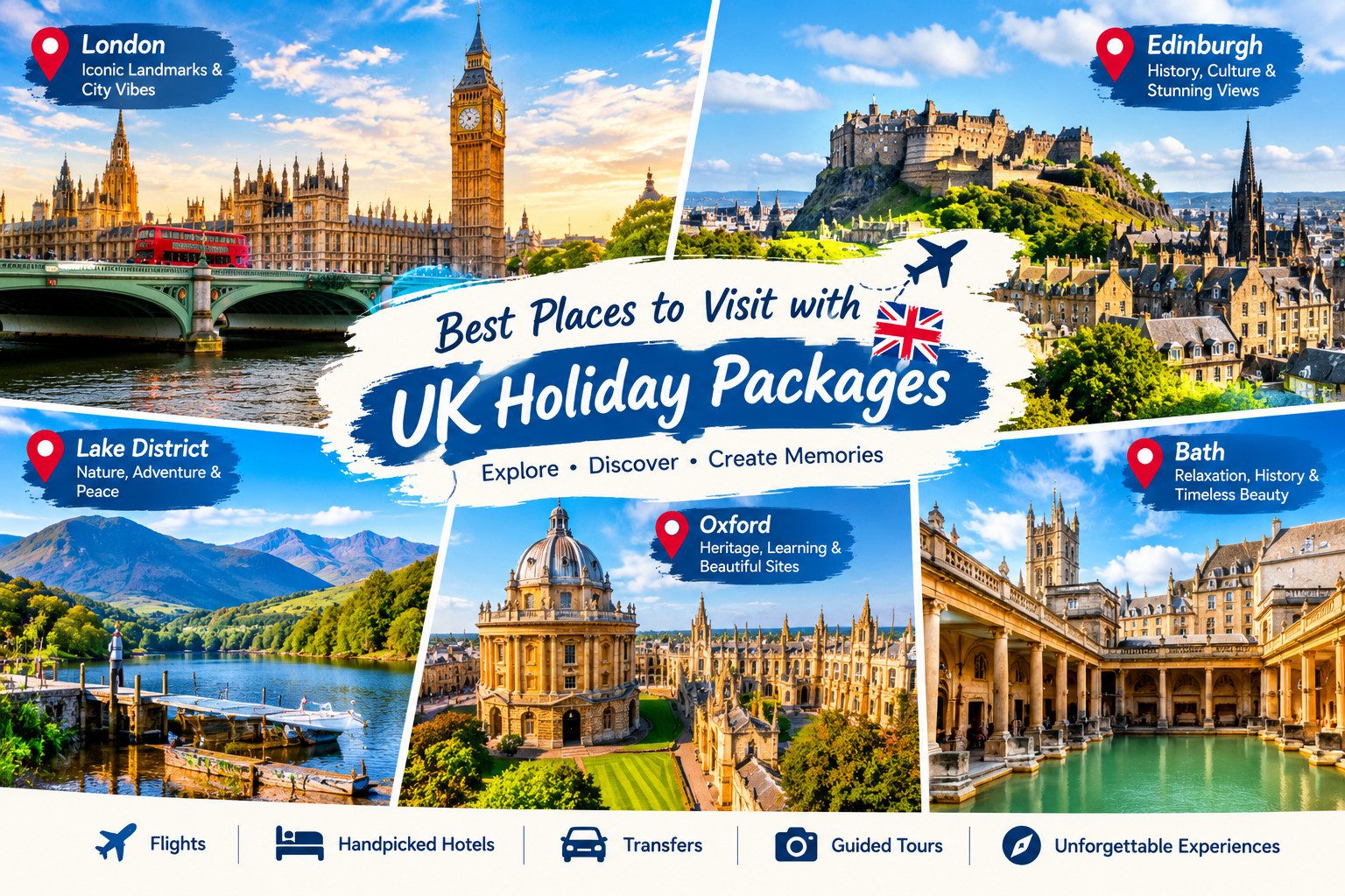 London, Edinburgh Castle, the Lake District, Oxford, and Bath