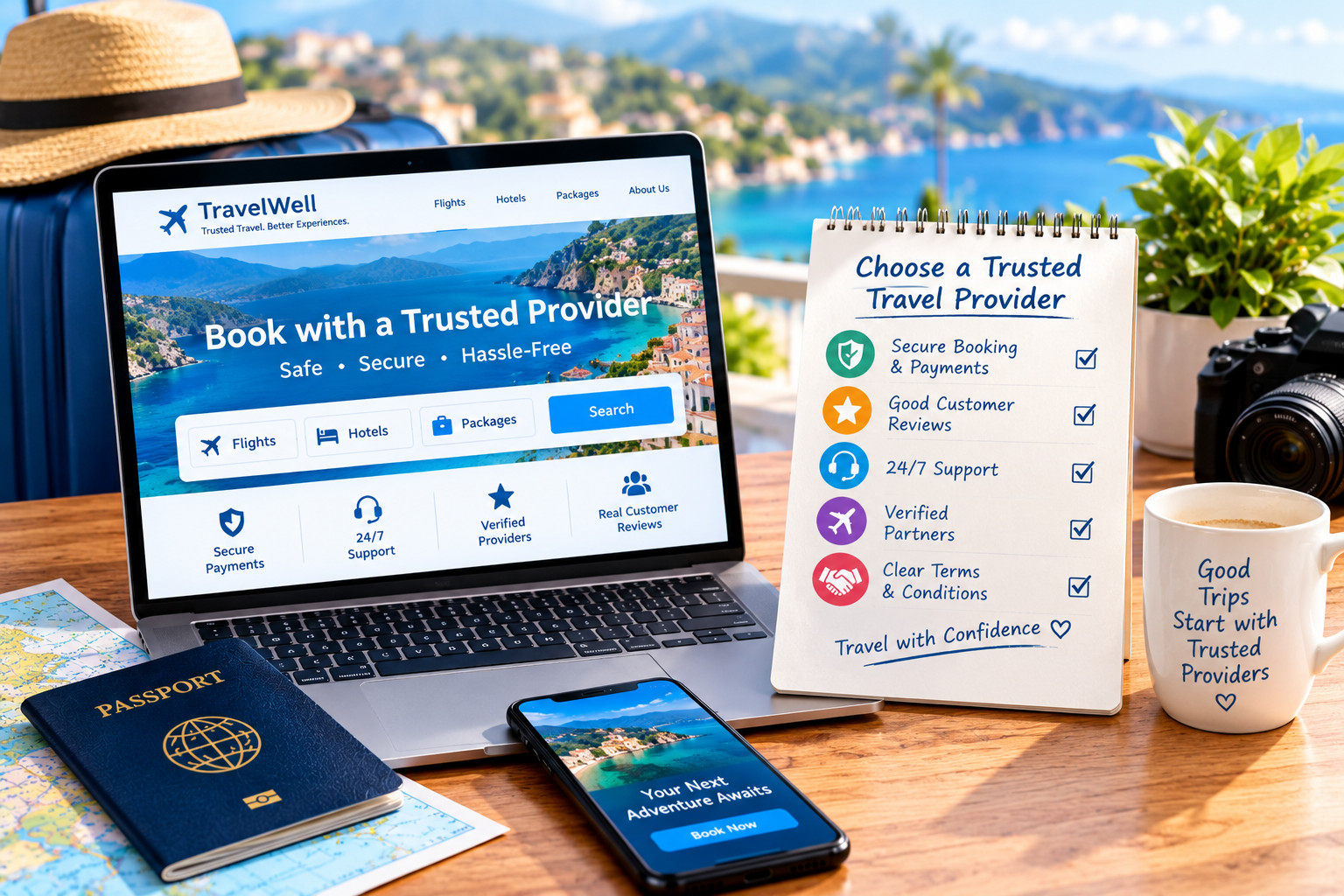 Passport, laptop, and smartphone arranged on a desk for planning a safe and comfortable trip.