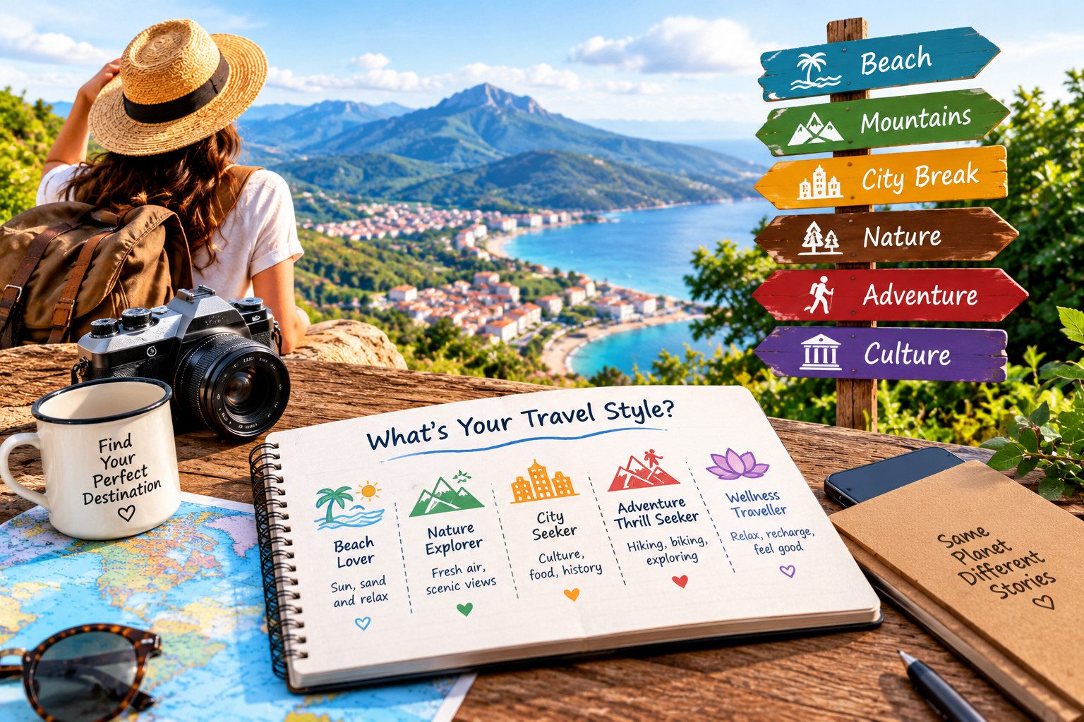Traveller overlooking a scenic coastal town with a backpack, camera, map, and colourful signs pointing to beaches, mountains, nature, and city breaks.