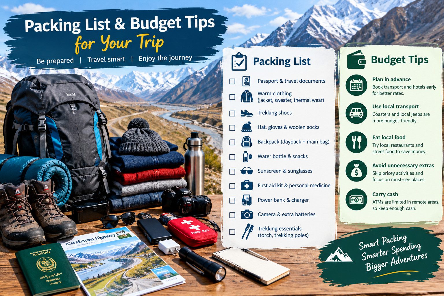 Packing list and budget tips for Pakistan China border travel, featuring a travel backpack, warm clothing, hiking boots, essential supplies, and a map of the Karakoram Highway.