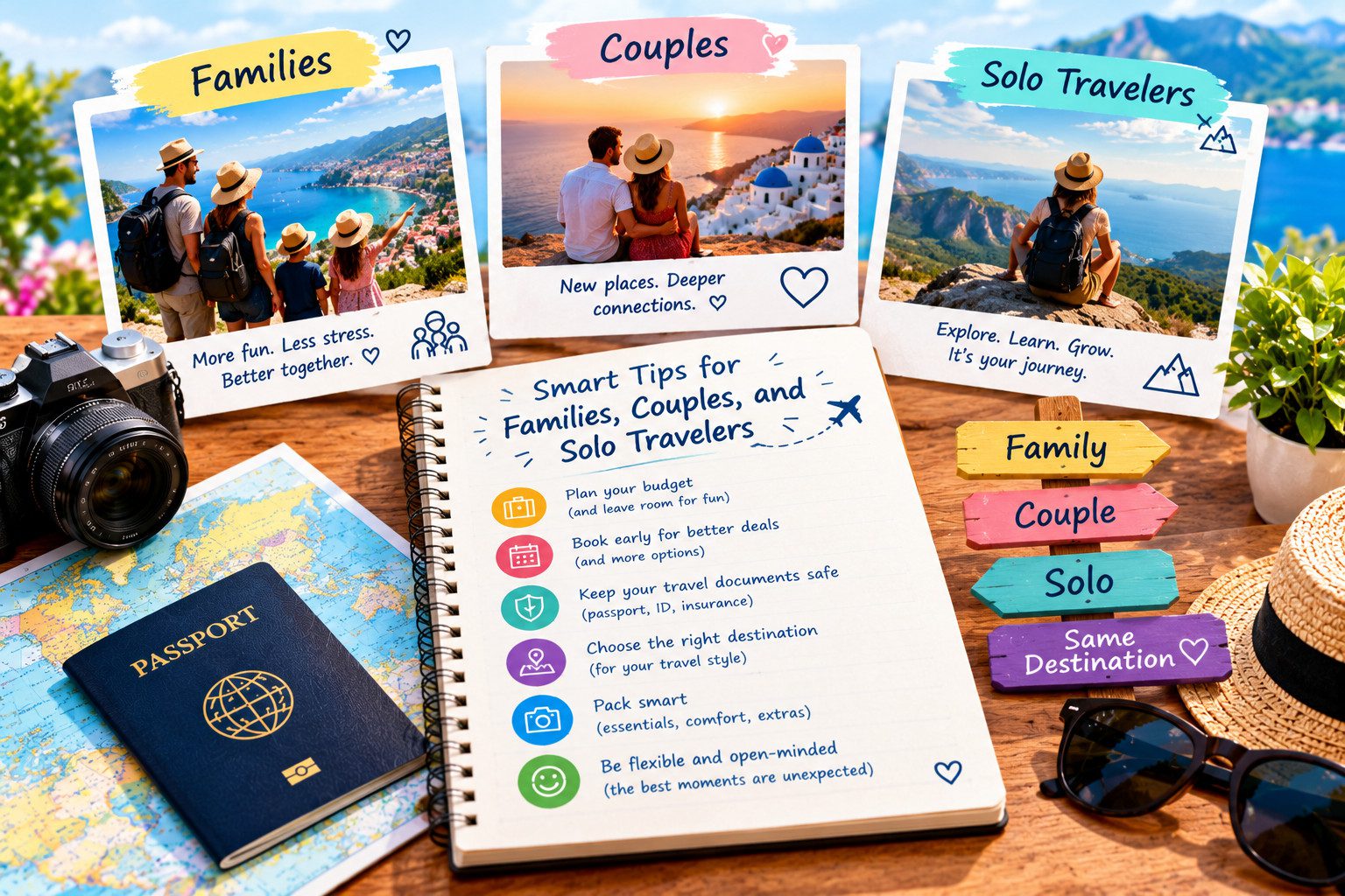 Travel planning notebook with holiday tips for families, couples, and solo travellers, surrounded by a passport, camera, map, and scenic destination photos.