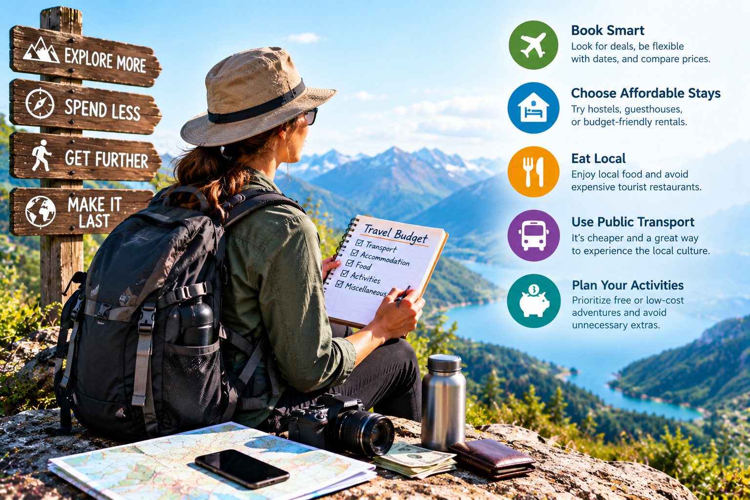 Adventure traveler planning expenses in the mountains with a travel budget notebook, backpack, map, and money-saving travel tips.