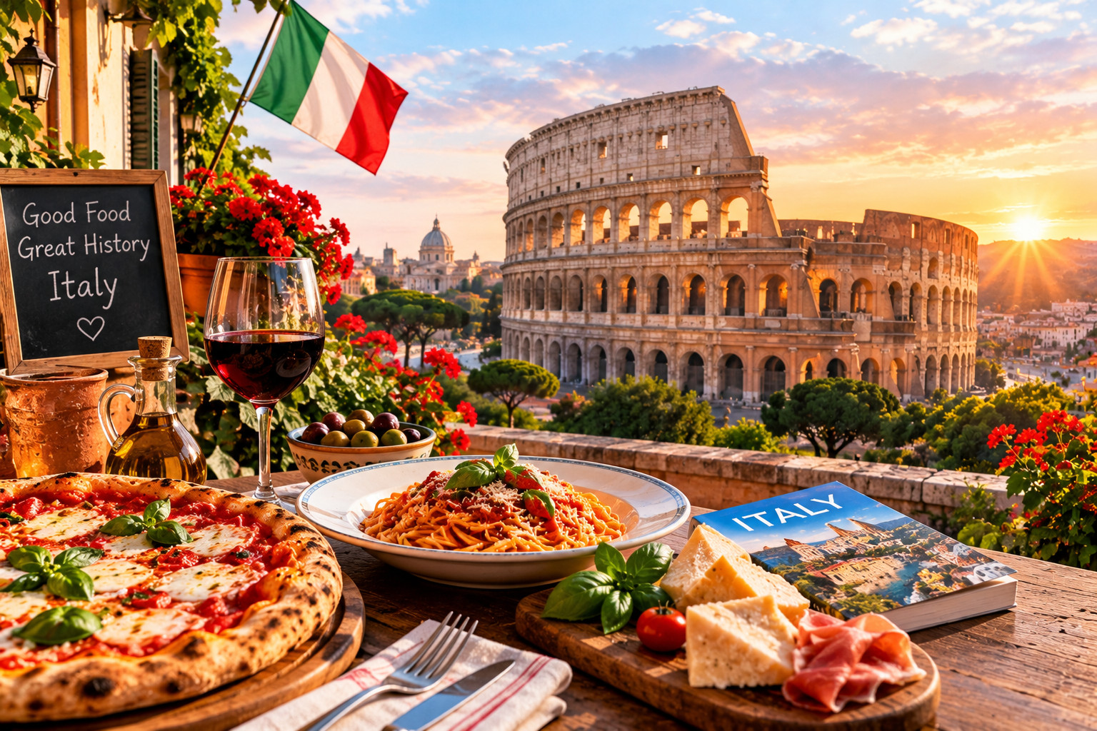Italy travel scene featuring the Colosseum in Rome, traditional Italian pizza, pasta, and historic architecture at sunset.