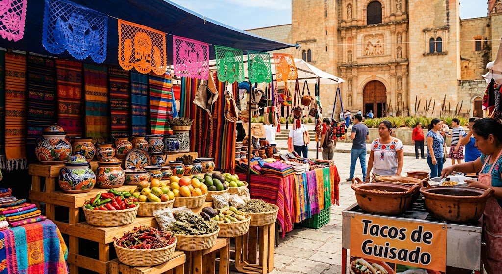 Mexico travel scene featuring colorful colonial architecture, traditional Mexican tacos, vibrant cultural decorations, and historic landmarks.