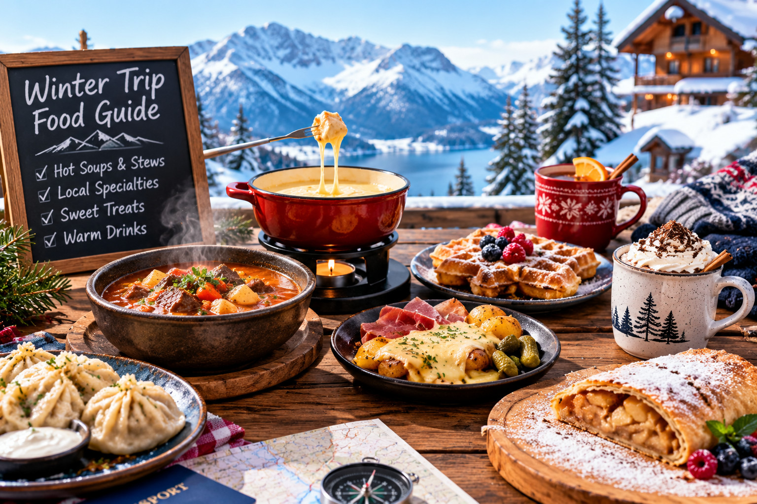 Traditional winter meal served with hot soup and fresh bread