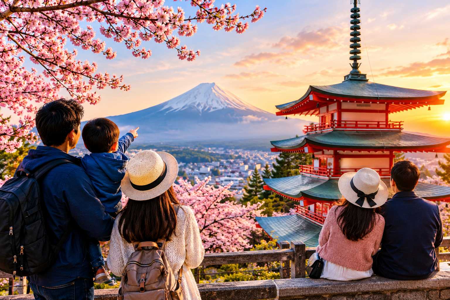 Best places to visit in Japan for families and couples with Mount Fuji and cherry blossoms.