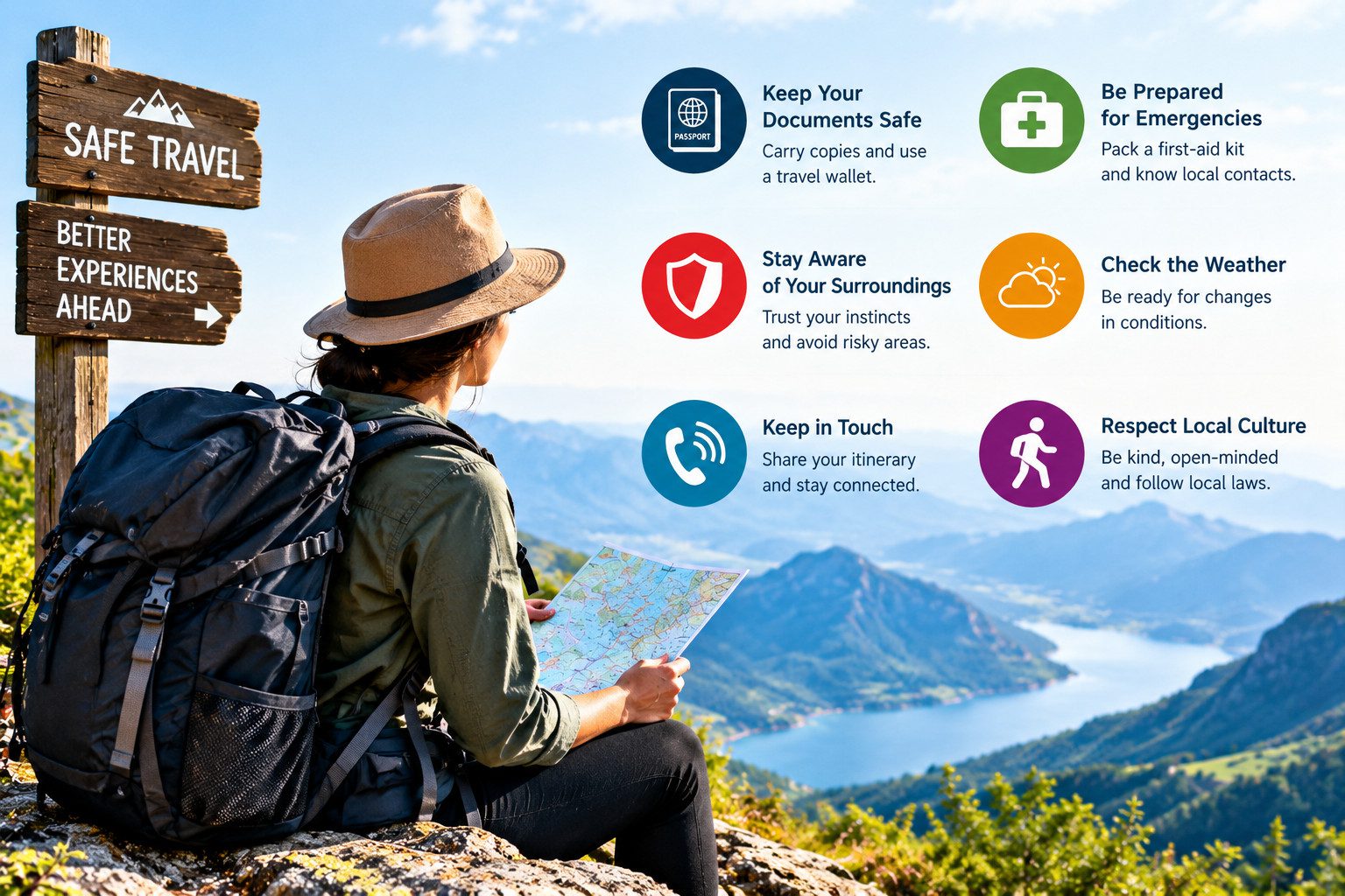 Adventure traveler checking a map in the mountains with essential travel safety tips for emergencies, weather changes, and personal security.