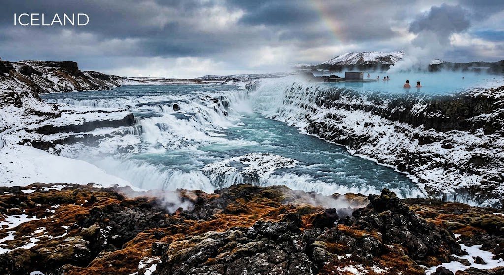 Iceland winter vacation destination with snowy landscapes and geothermal hot springs