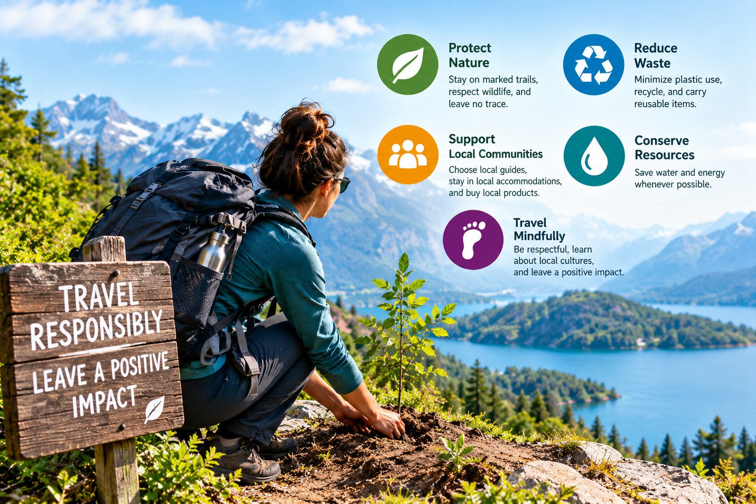 Responsible adventure traveler planting a seedling in a mountain landscape, promoting eco-friendly tourism, waste reduction, and nature conservation.