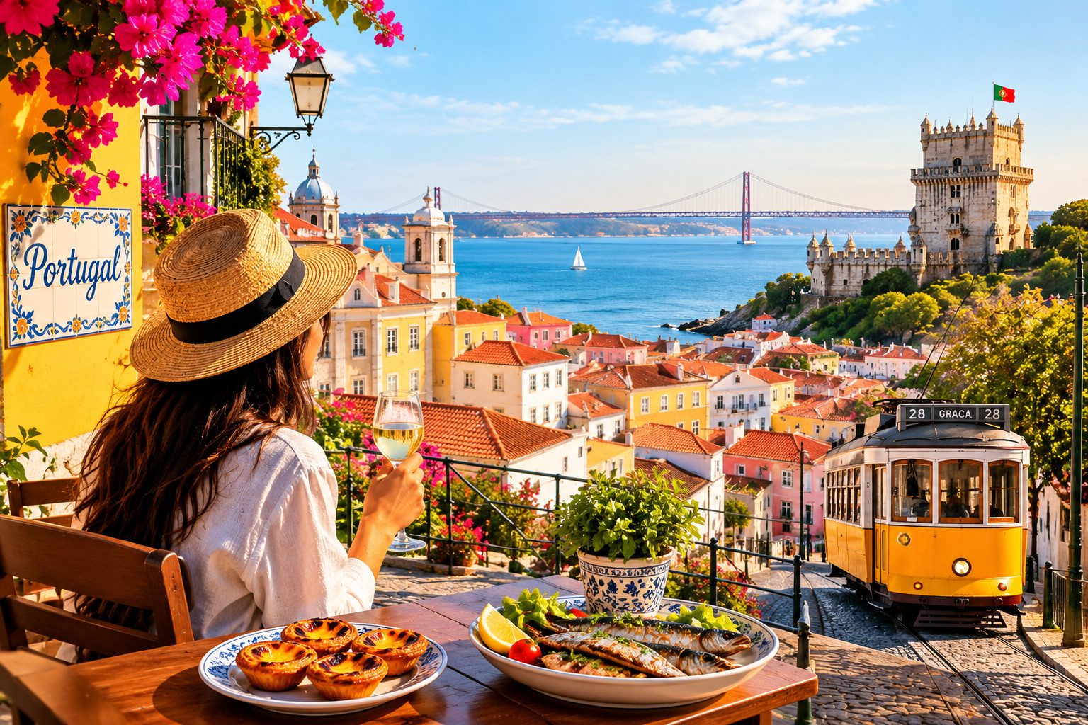 Portugal travel scene featuring Lisbon’s colorful historic buildings, yellow tram, scenic waterfront, and traditional Portuguese pastries.