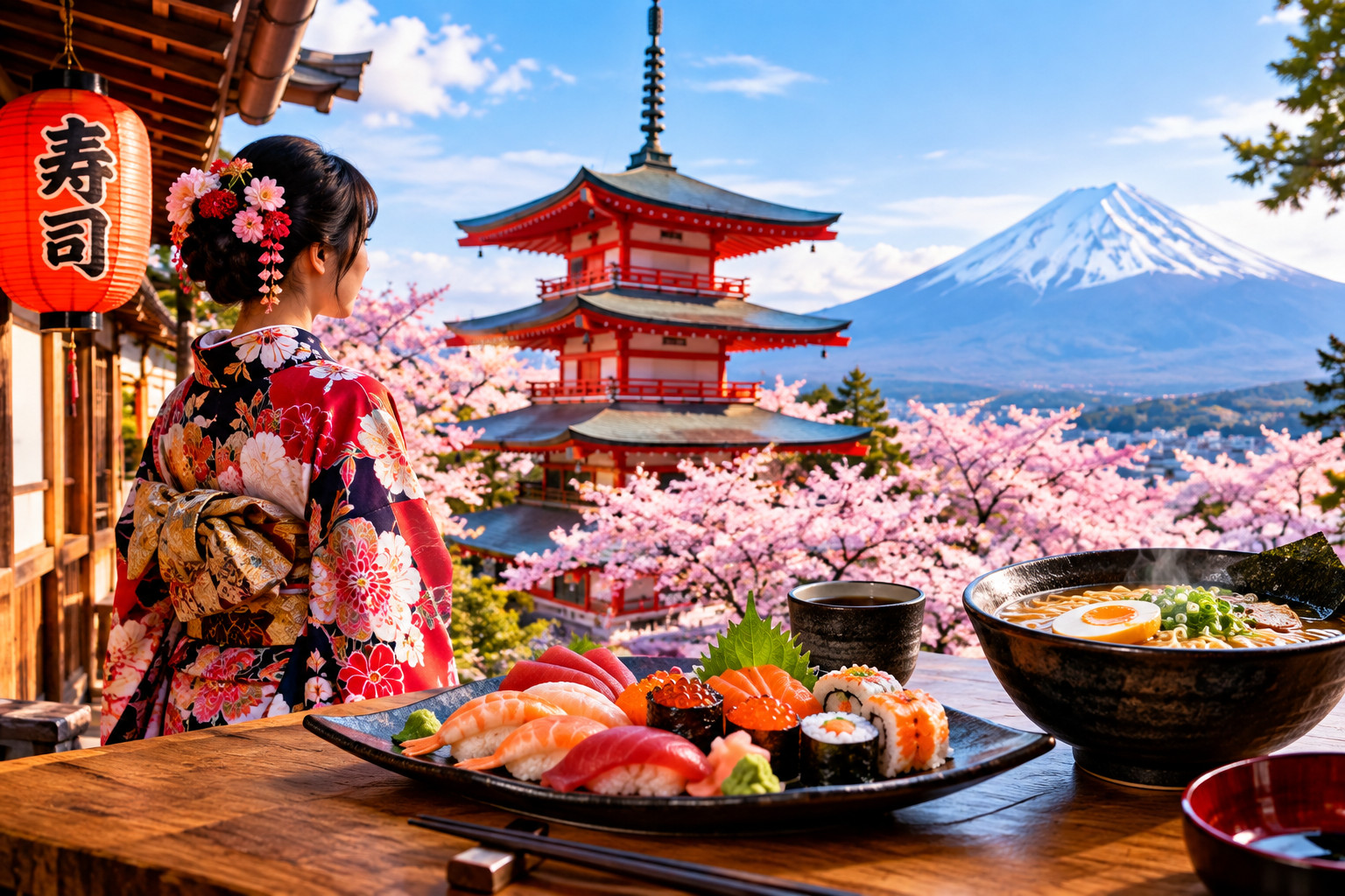 Japan travel scene featuring traditional Japanese culture, Mount Fuji, cherry blossoms, a pagoda, sushi, and ramen.