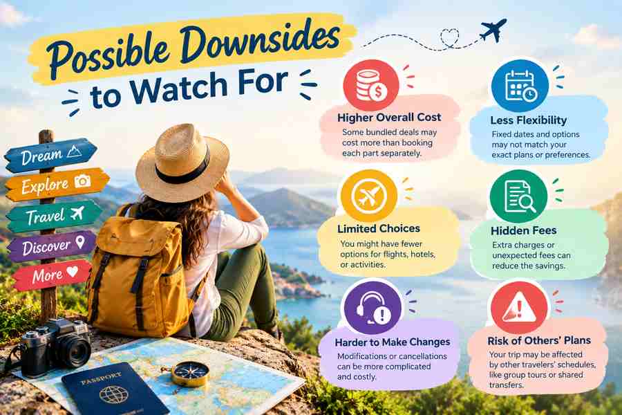 Possible downsides of bundled travel packages, including higher costs, less flexibility, limited choices, hidden fees, and complicated cancellations.