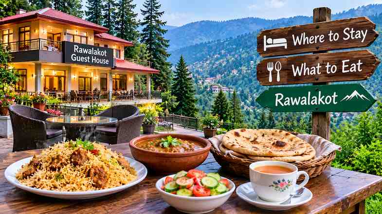 Cozy guest house in Rawalakot, Azad Kashmir, surrounded by lush green mountains, with traditional Pakistani food including biryani, curry, naan, fresh salad, and tea.