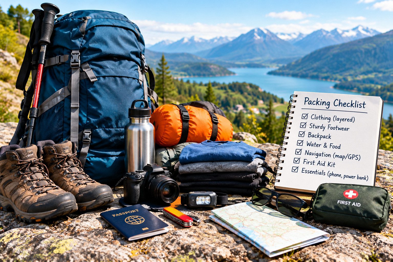 Essential adventure travel packing items, including a hiking backpack, boots, water bottle, clothing, first-aid kit, and map against a scenic mountain backdrop.