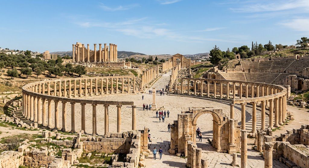 Ancient Roman ruins in Jerash, Jordan, featuring historic stone columns and remarkable archaeological sites.