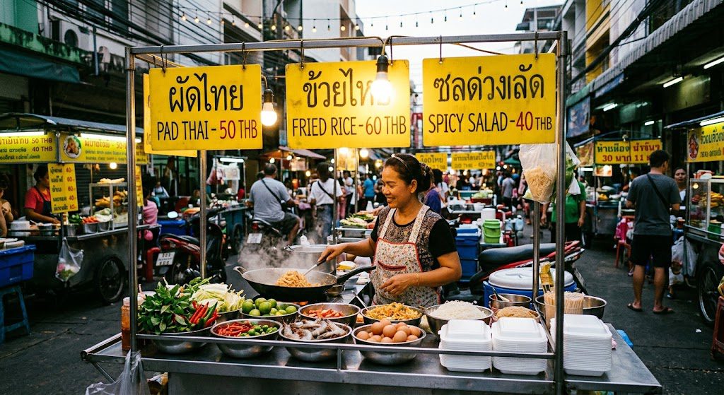 Thailand travel scene featuring traditional Thai street food, colorful Bangkok temples, tropical scenery, and affordable local dining.